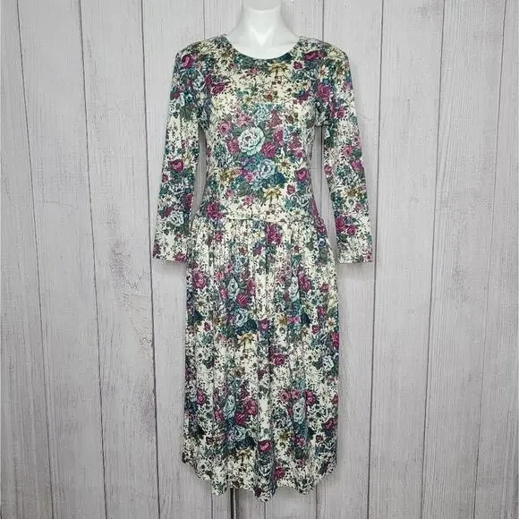 Vintage Cottagecore Cotton Blend Floral Midi Dress, size 8P - Picture 1 of 6